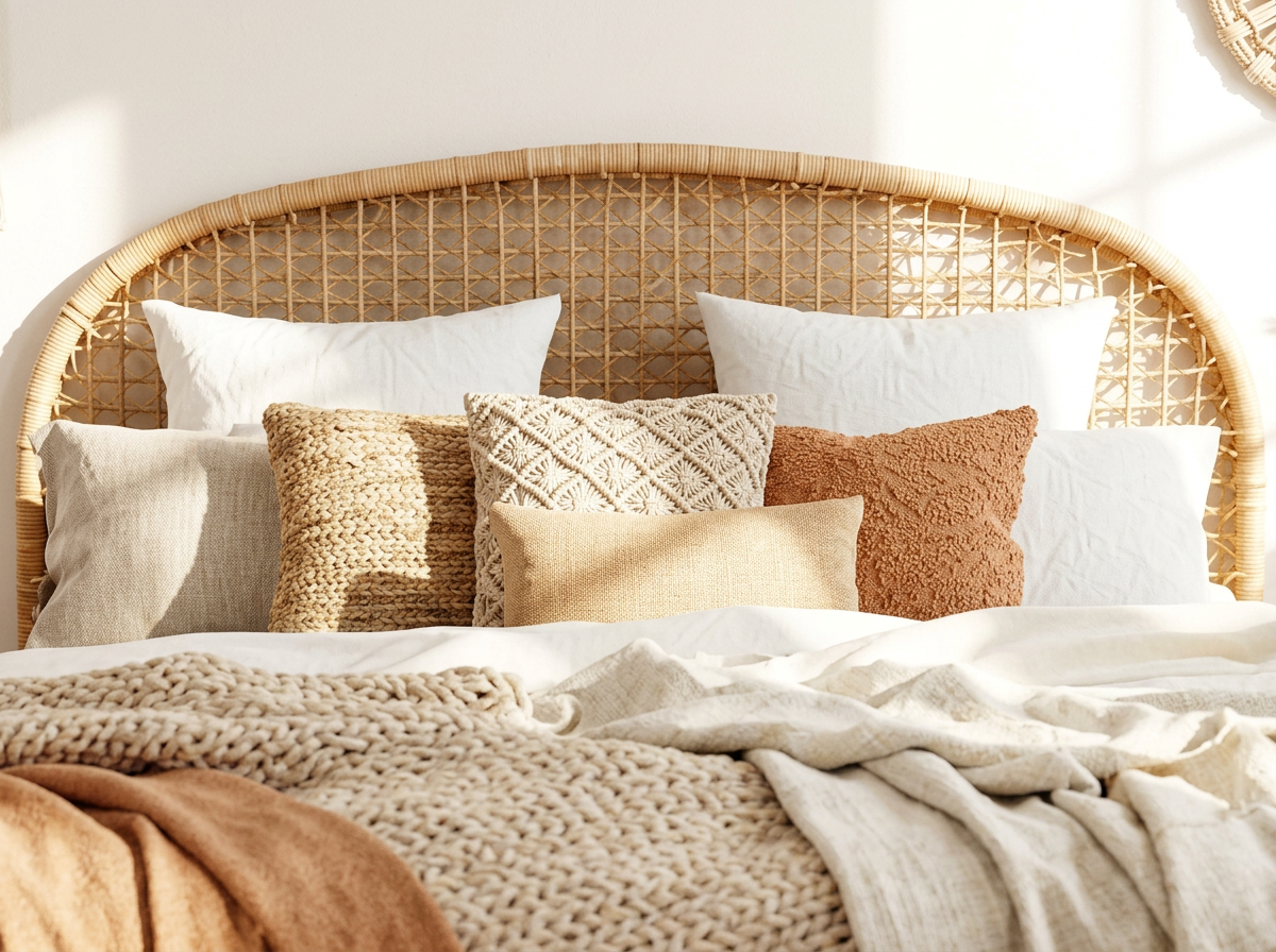 Layered cream, oatmeal and terracotta pillow set with woven throws on a low wood bed, Byron Bay cottage bedroom