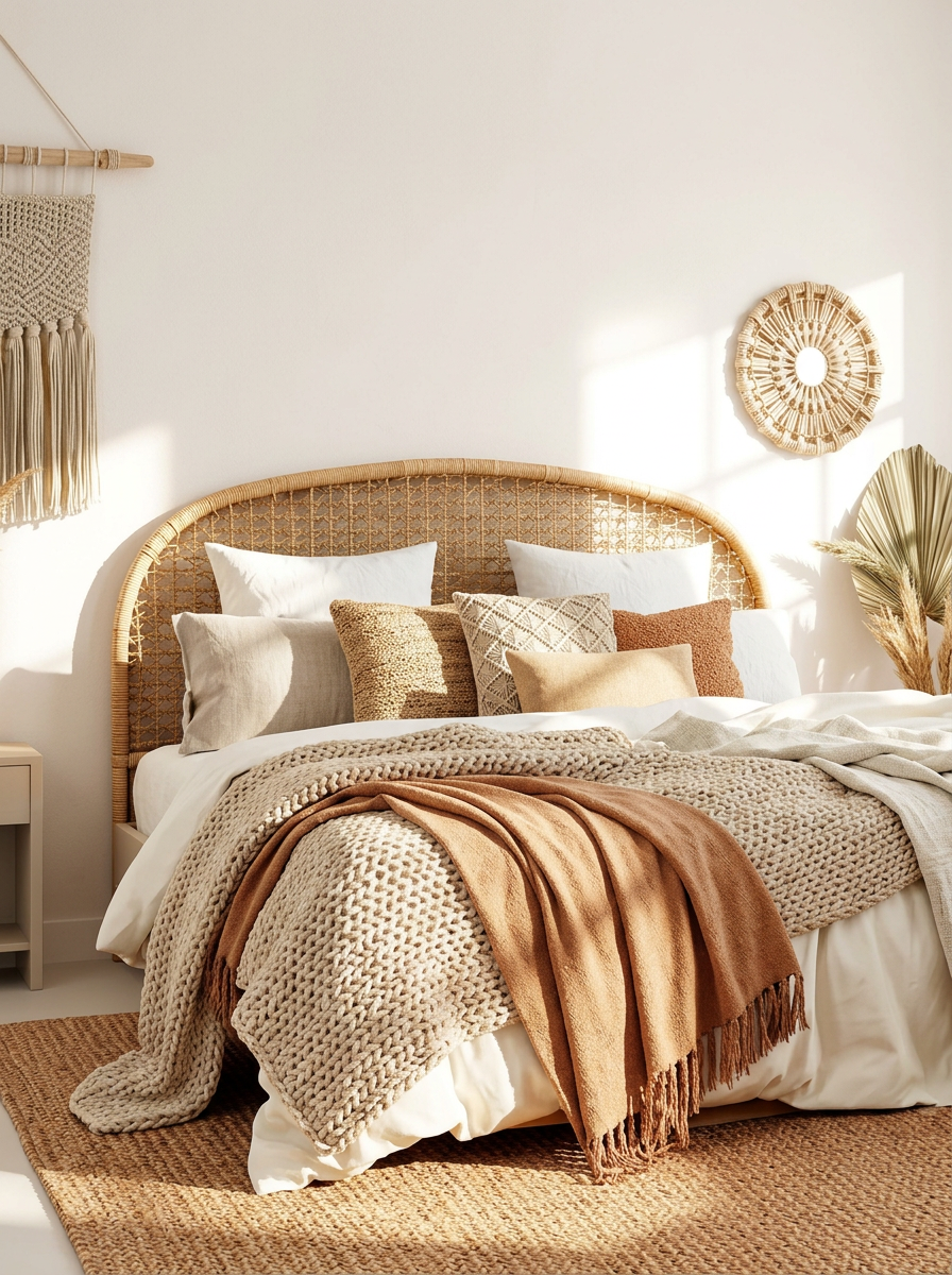 Three-quarter view of the same boho pillow arrangement on a low wood bed, Byron Bay bedroom