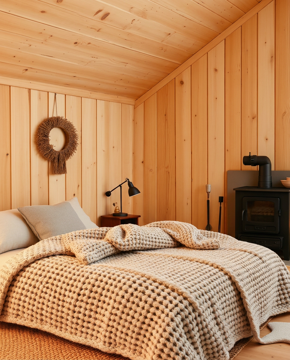 Lime-washed pine A-frame loft bedroom with clay accent wall, Banff cabin