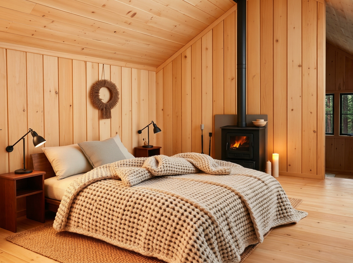 Mohair throws and brass swing-arm reading light on bed, Banff A-frame