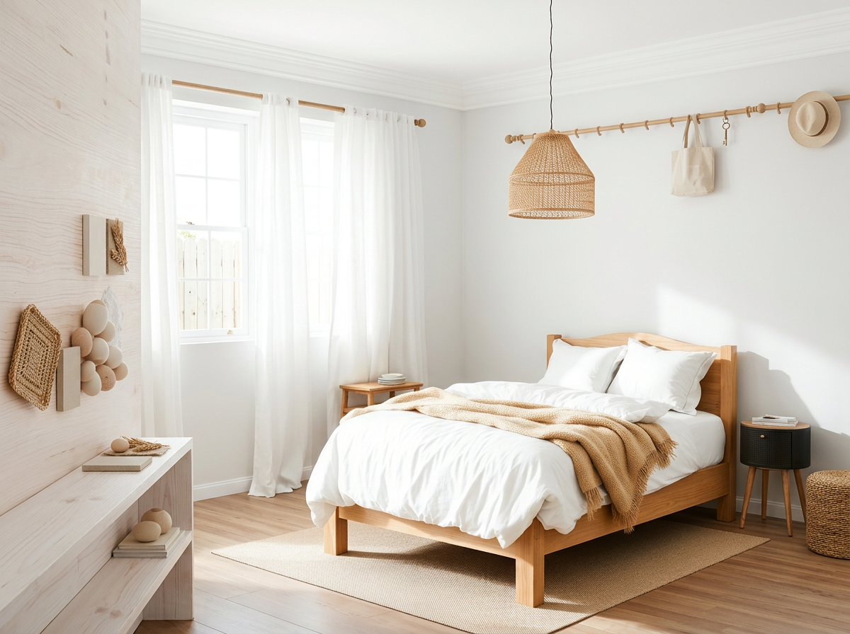 Light-oak bed with white linen, honey-tan nubby throw and woven rattan pendant, Tofino coastal cabin bedroom