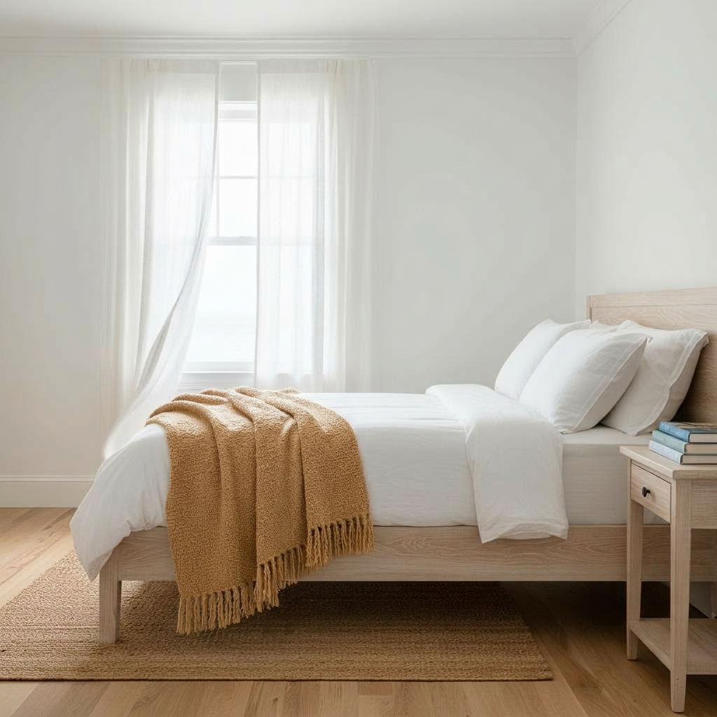 Honey-tan fringed throw across the foot of a light-oak bed, Tofino coastal cabin bedroom