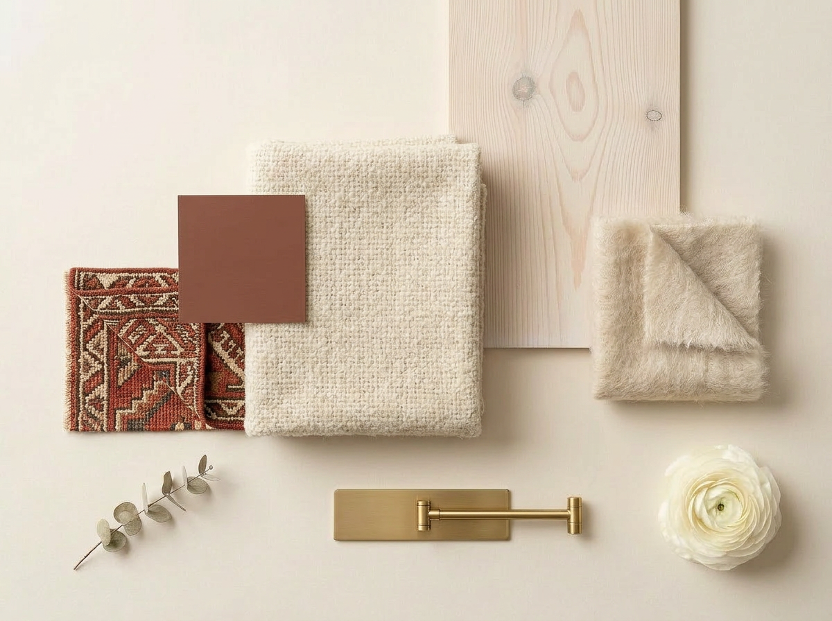 Cozy Cabin — moodboard with palette, materials and textures
