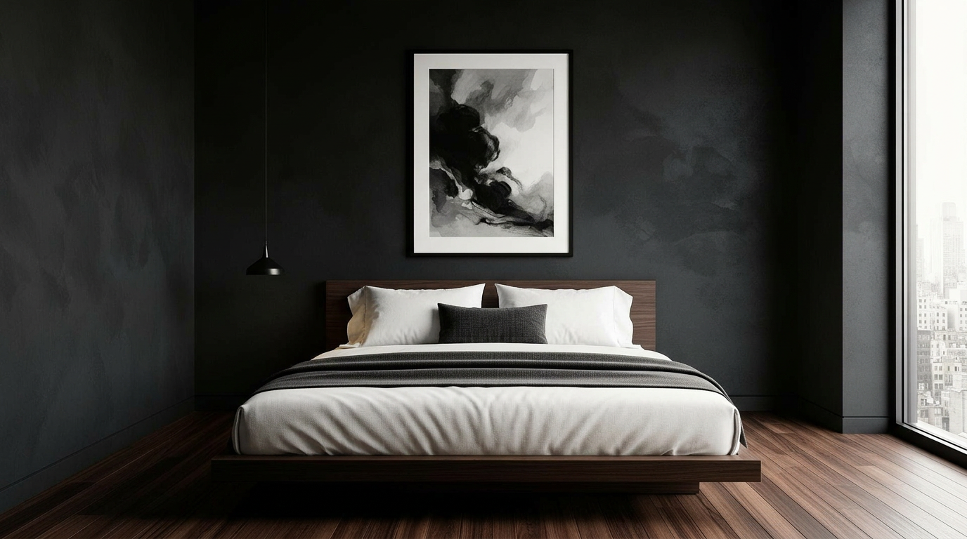 Walnut platform bed and abstract black-ink artwork against ink-charcoal limewash, NYC penthouse bedroom