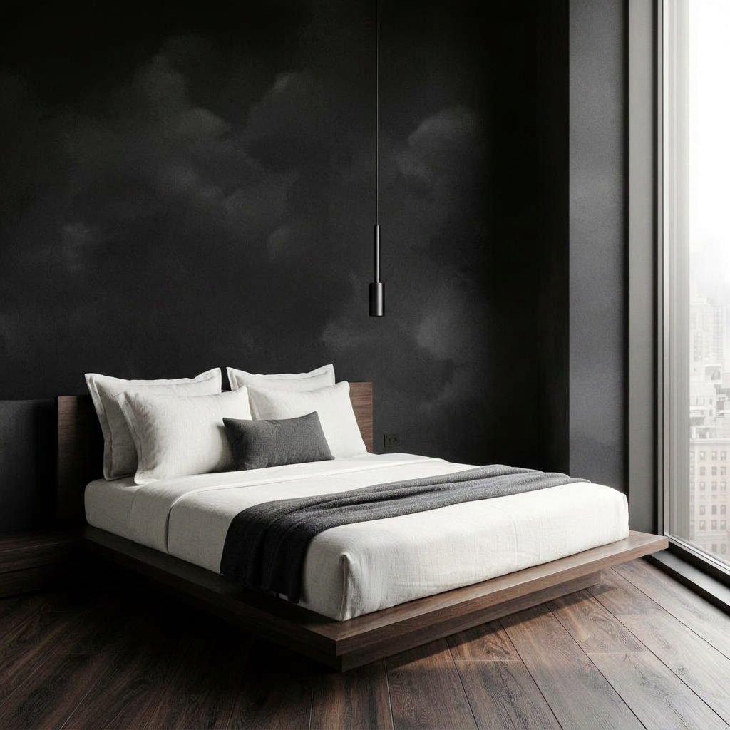 Side angle of walnut platform bed with slim black pendant and skyline window, NYC penthouse bedroom