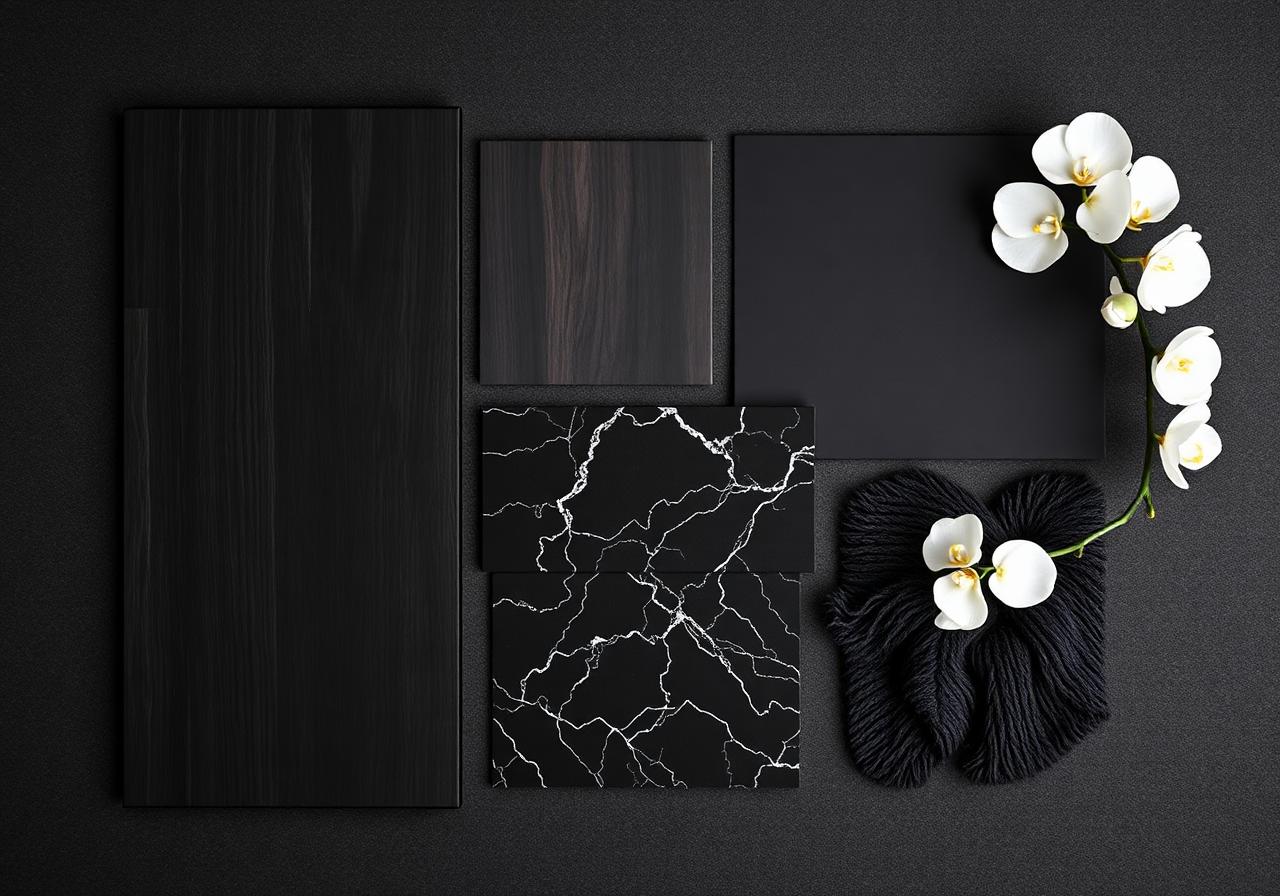 Dark Modern — moodboard with palette, materials and textures