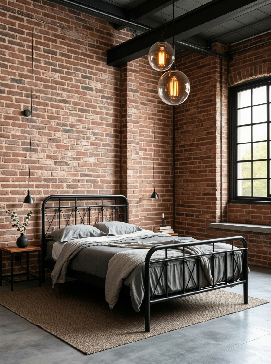 Black-metal bed against exposed brick wall with black pendant and styled nightstand, Berlin warehouse bedroom