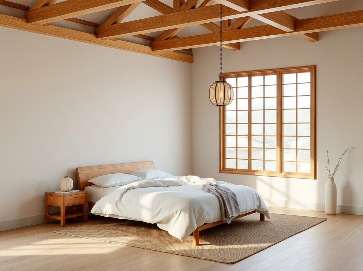 Low pale oak platform bed with paper lantern, Kyoto machiya bedroom