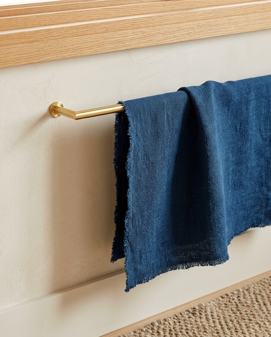 Indigo linen on brass rod beneath low oak beams, Kyoto machiya bedroom