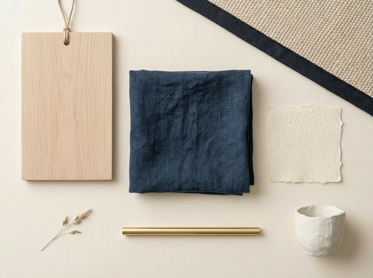 Japandi Calm — moodboard with palette, materials and textures