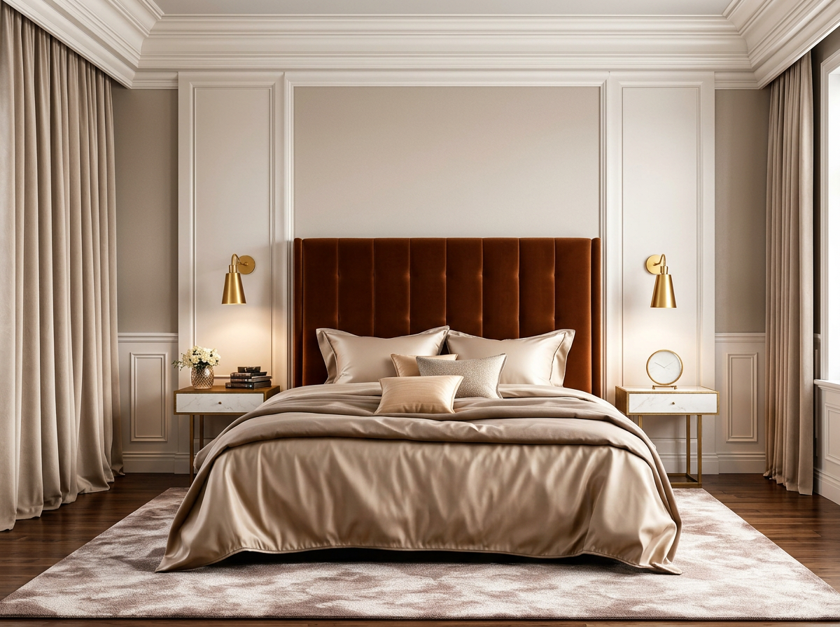 Ink-blue velvet wall and brushed brass picture light, Paris Haussmann bedroom