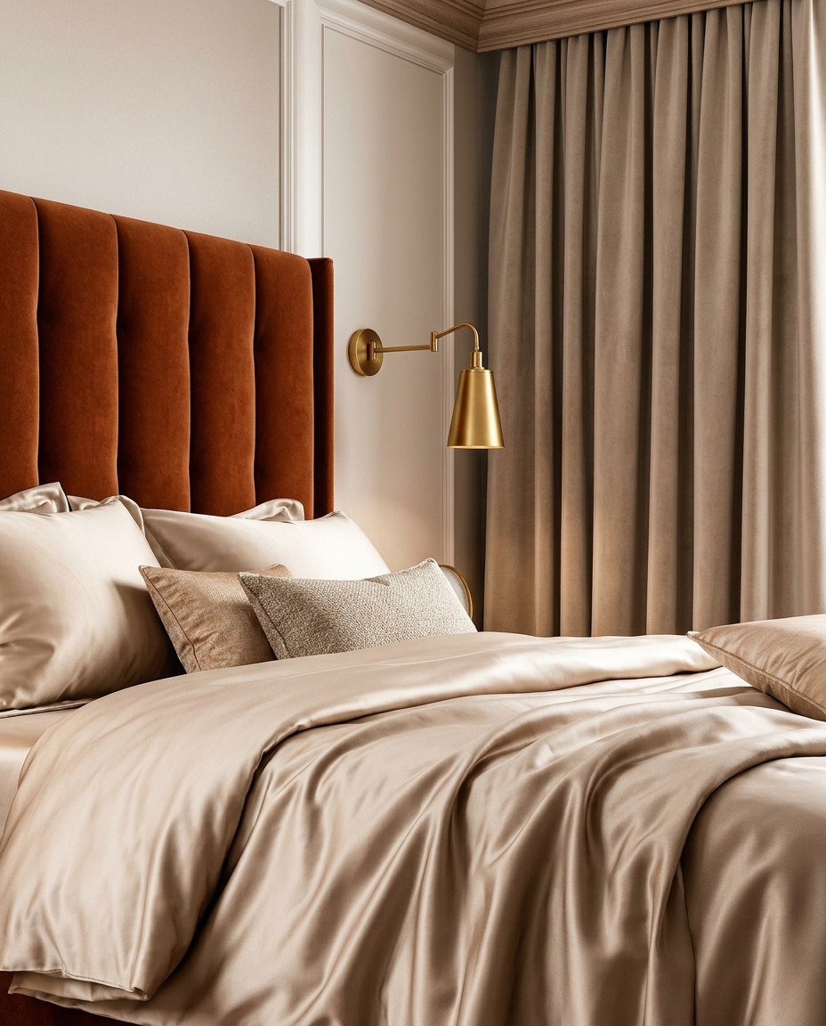 Brushed brass drawer pull on honed Calacatta marble bedside, Paris bedroom