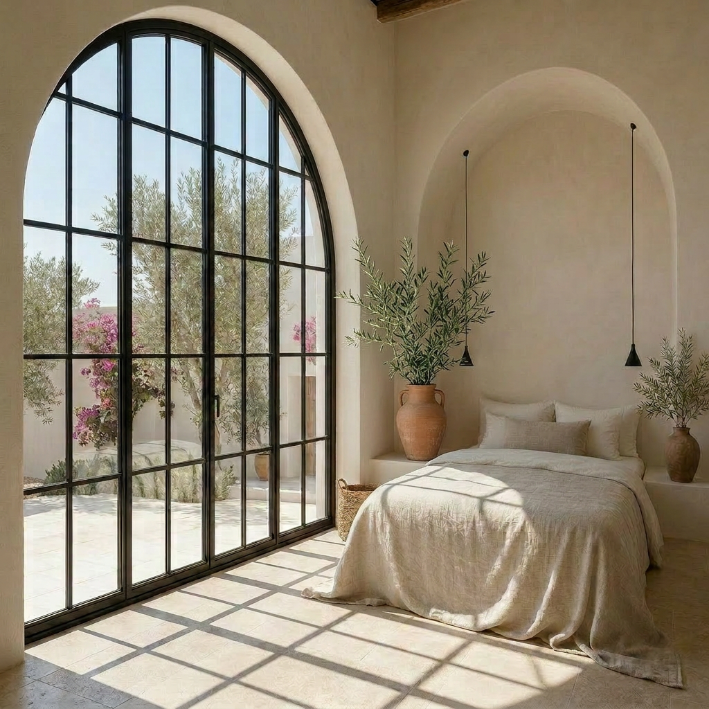 Arched lime-plaster bed alcove with twin black pendants beside an arched black-steel criss-cross window, Mallorca finca bedroom
