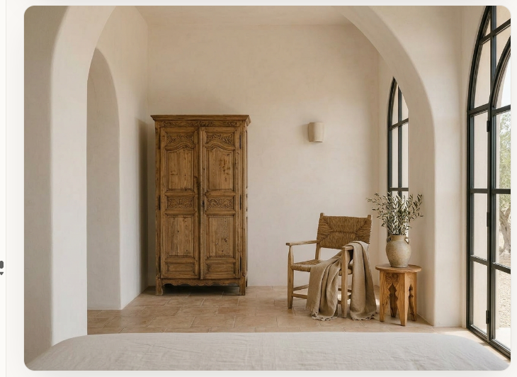 Arched black-steel criss-cross window throwing a lattice shadow across terracotta tiles beside a woven seagrass basket, Mallorca bedroom