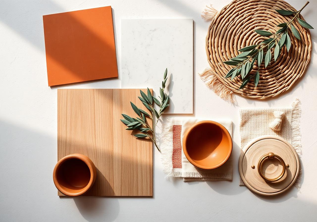 Mediterranean — moodboard with palette, materials and textures