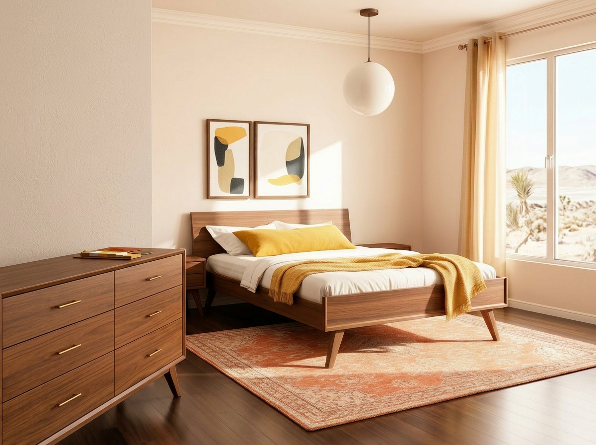 Restored walnut bed frame with mustard bedspread, Palm Springs bungalow bedroom