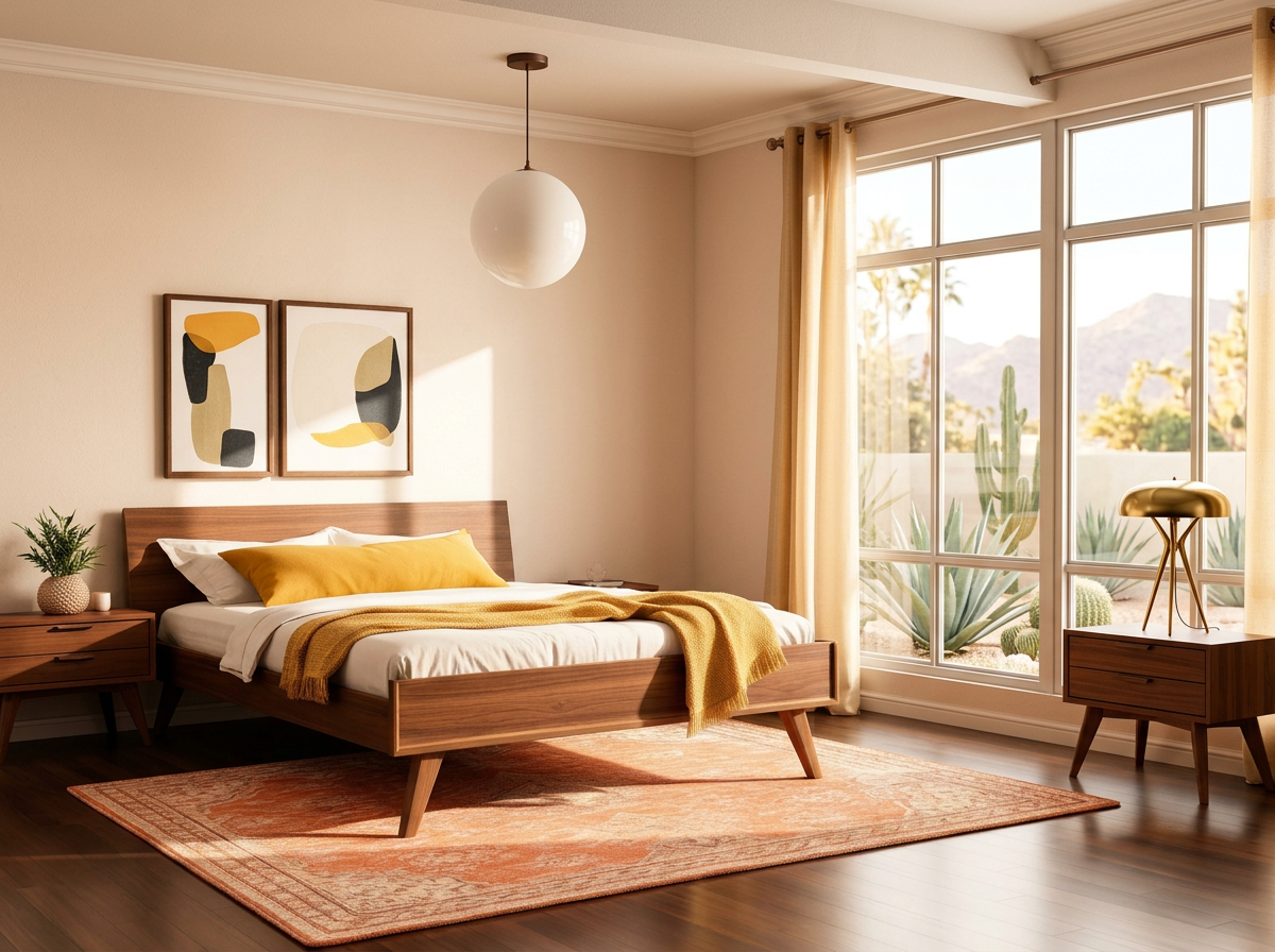 Brass globe pendant and vintage walnut nightstand, Palm Springs bedroom