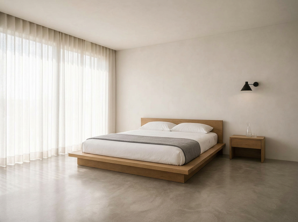 Plaster pendant over low platform bed with slab oak wardrobe, Toronto loft bedroom
